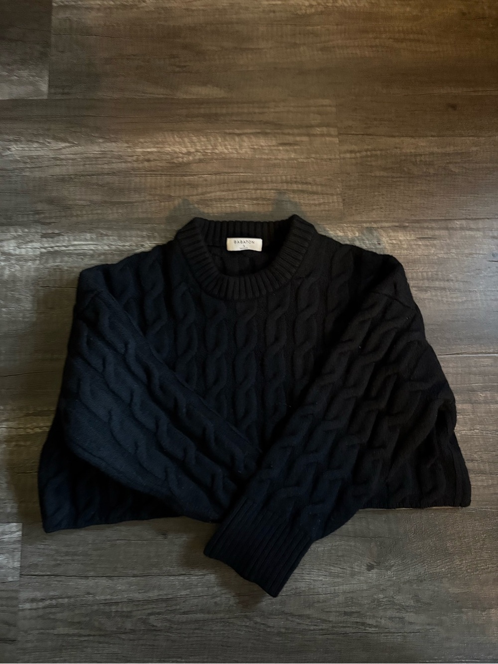 Babaton Black Cable Knit Crewneck Cropped Sweater